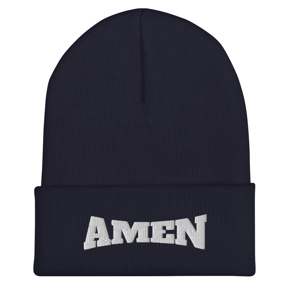 AMEN (The Fighter Collection) Cuffed Beanie Embroidered in White