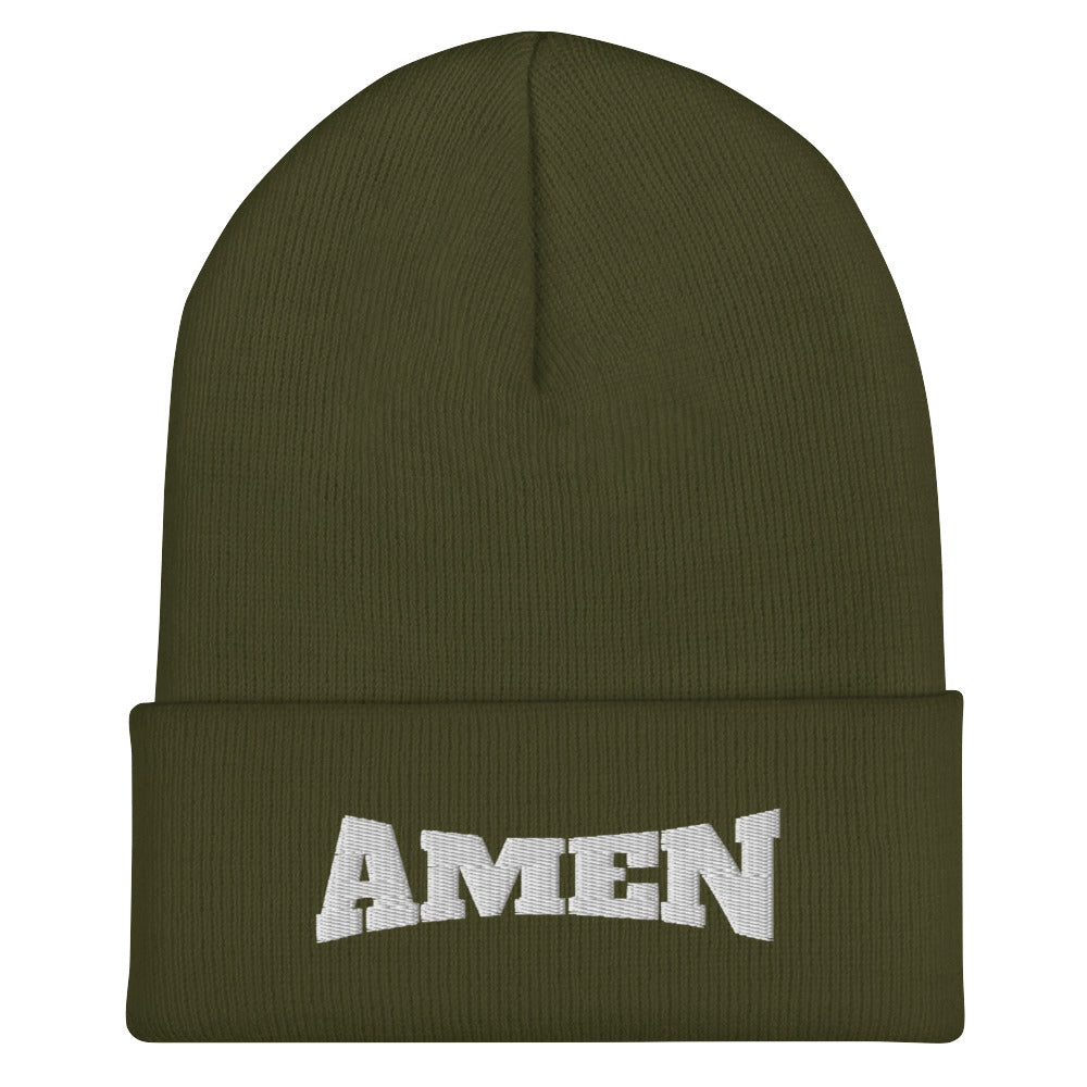 AMEN (The Fighter Collection) Cuffed Beanie Embroidered in White