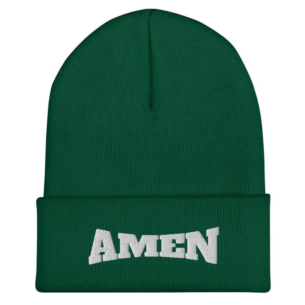 AMEN (The Fighter Collection) Cuffed Beanie Embroidered in White
