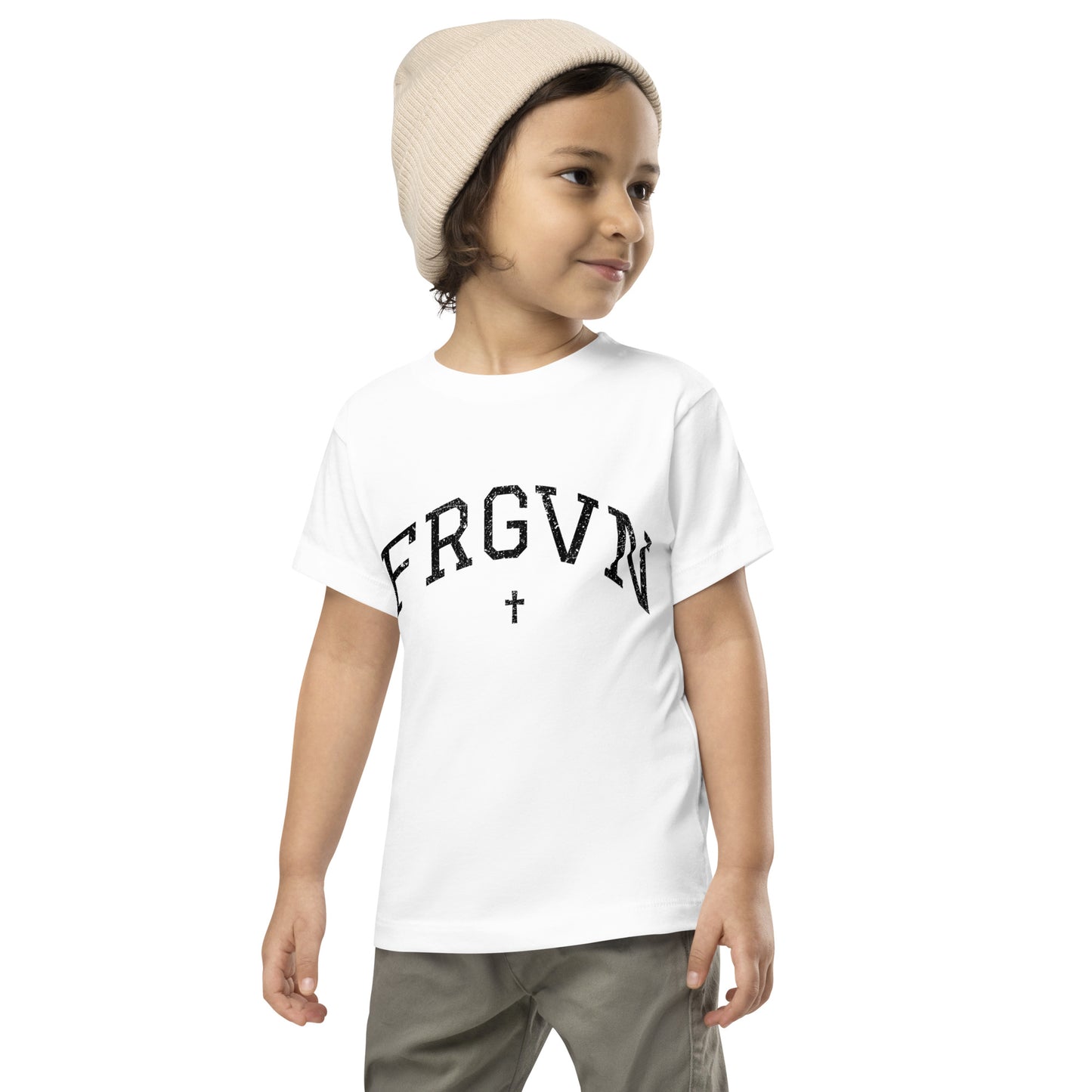 FRGVN Distressed with Cross in Black (Letterman Collection) Toddler Short Sleeve Tee