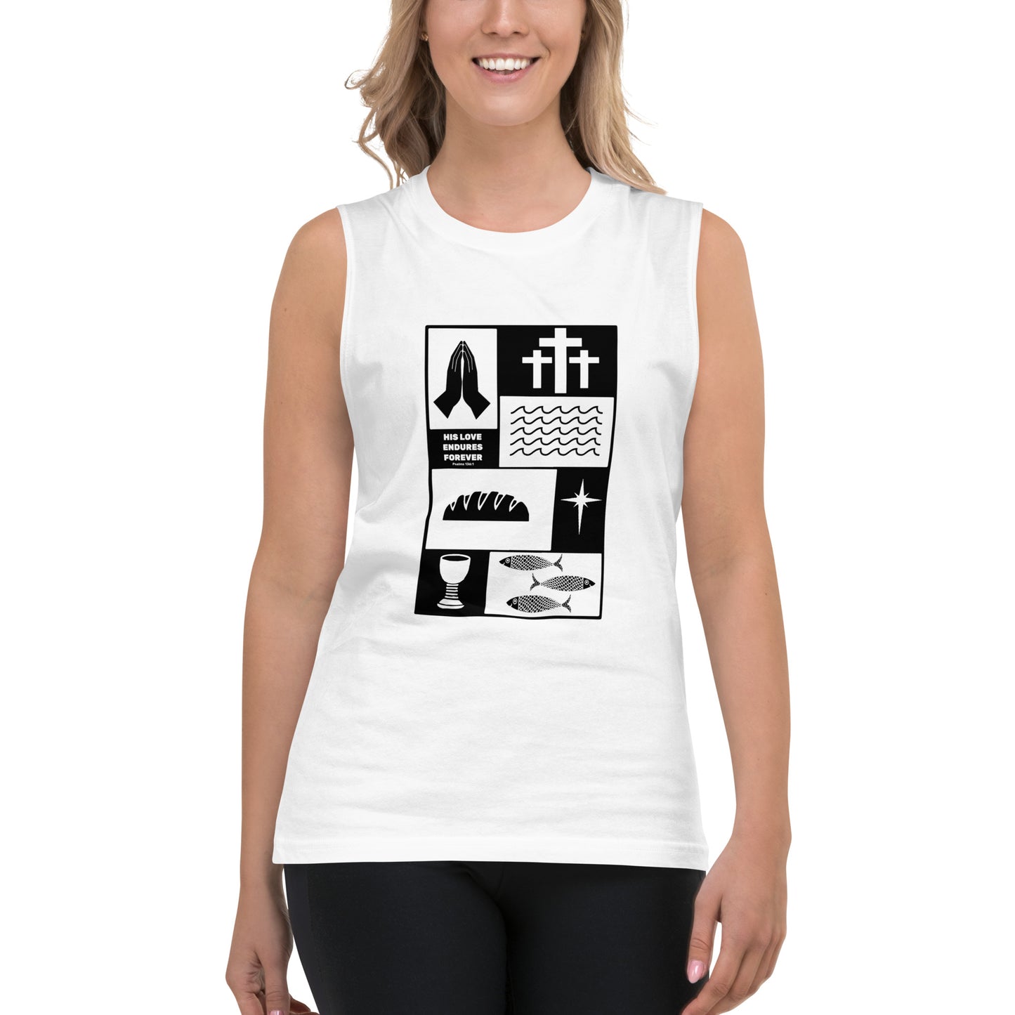 His Love Endures (Center City Collection) Unisex Muscle Shirt in Black