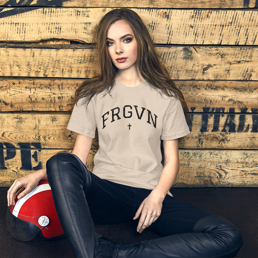 FRGVN Distressed with Cross in Black (Letterman Collection) Unisex T-shirt