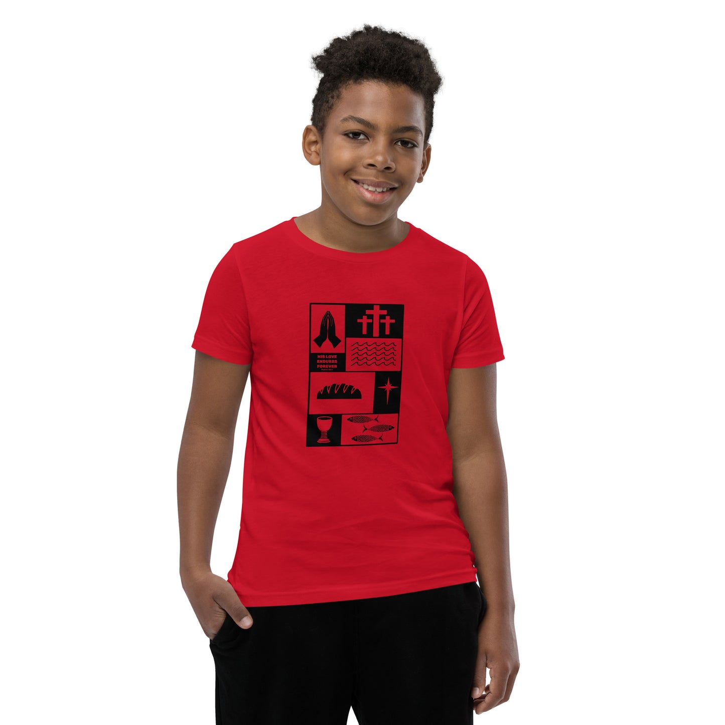 His Love Endures (Center City Collection) Youth Short Sleeve T-Shirt in Black