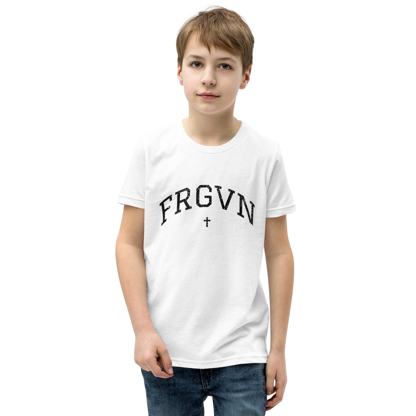 FRGVN Distressed with Cross in Black (Letterman Collection) Youth Short Sleeve T-Shirt