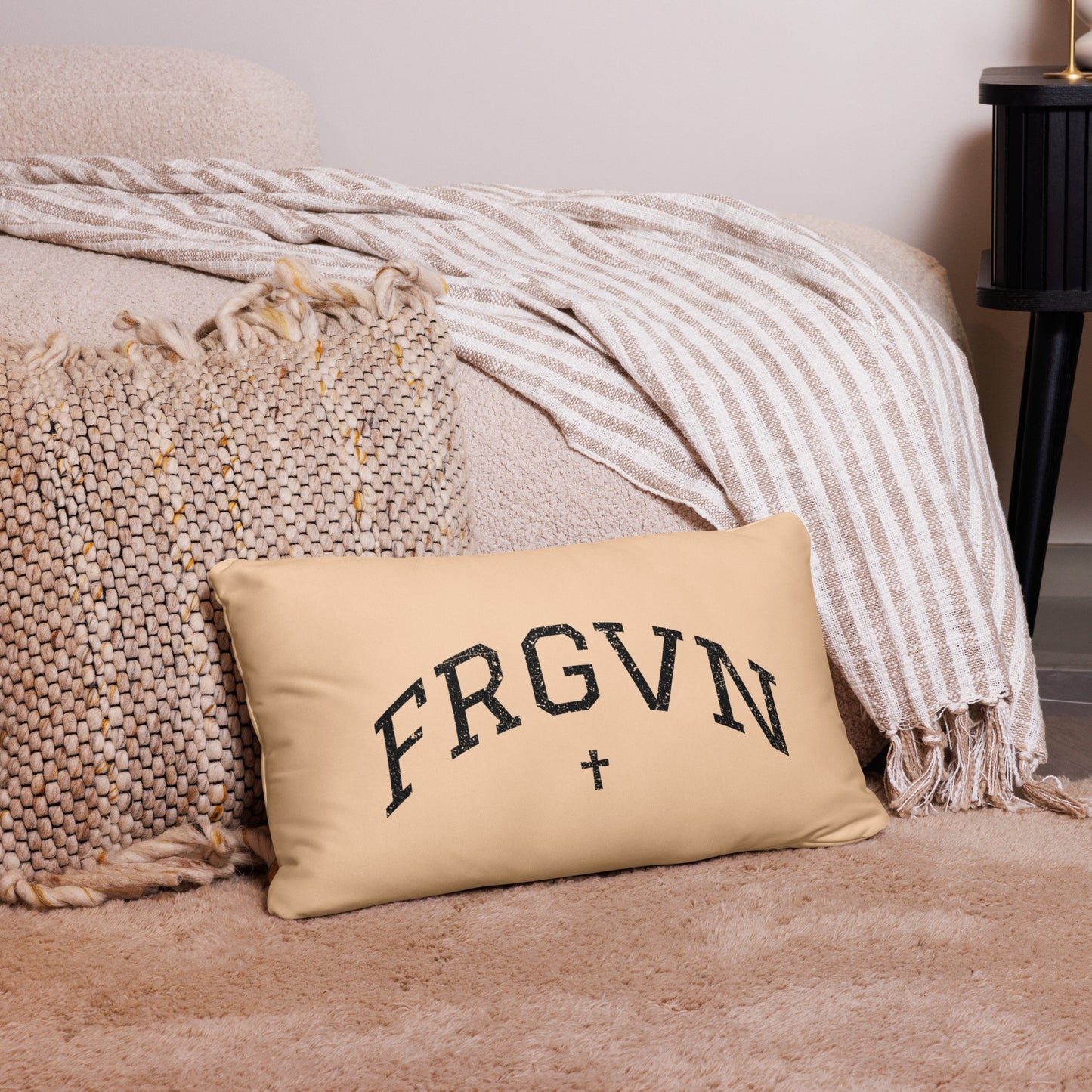 FRGVN Distressed with Cross (Letterman Collection) Basic Pillow - Black on Sand