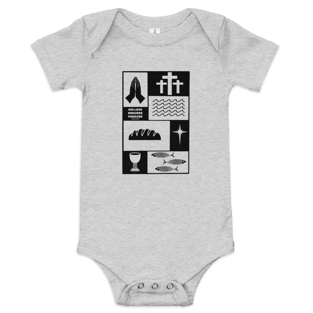 His Love Endures (Center City Collection) Baby Short Sleeve One Piece in Black