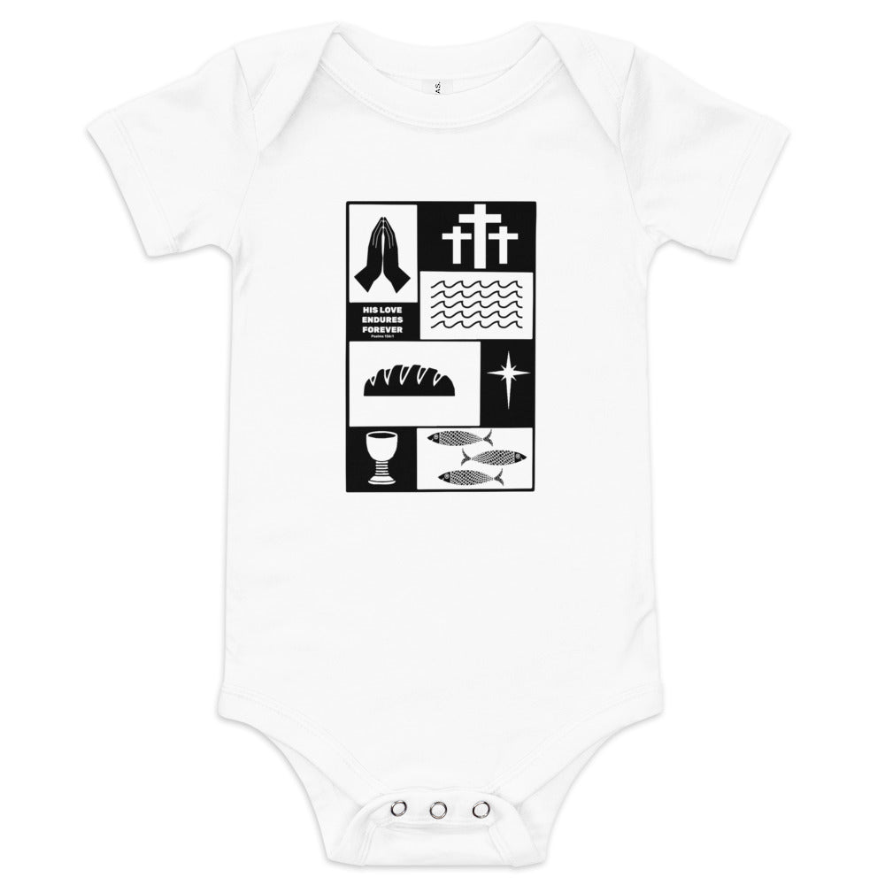 His Love Endures (Center City Collection) Baby Short Sleeve One Piece in Black