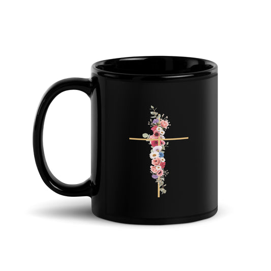 Cross In Bloom (In Bloom Collection) Black Glossy Mug