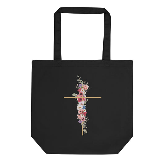 Cross In Bloom (In Bloom Collection) Black Eco Tote Bag
