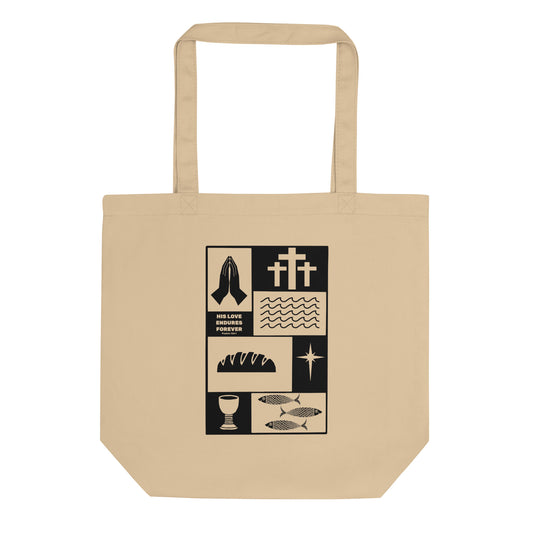 His Love Endures (Center City Collection) Eco Tote Bag in Black