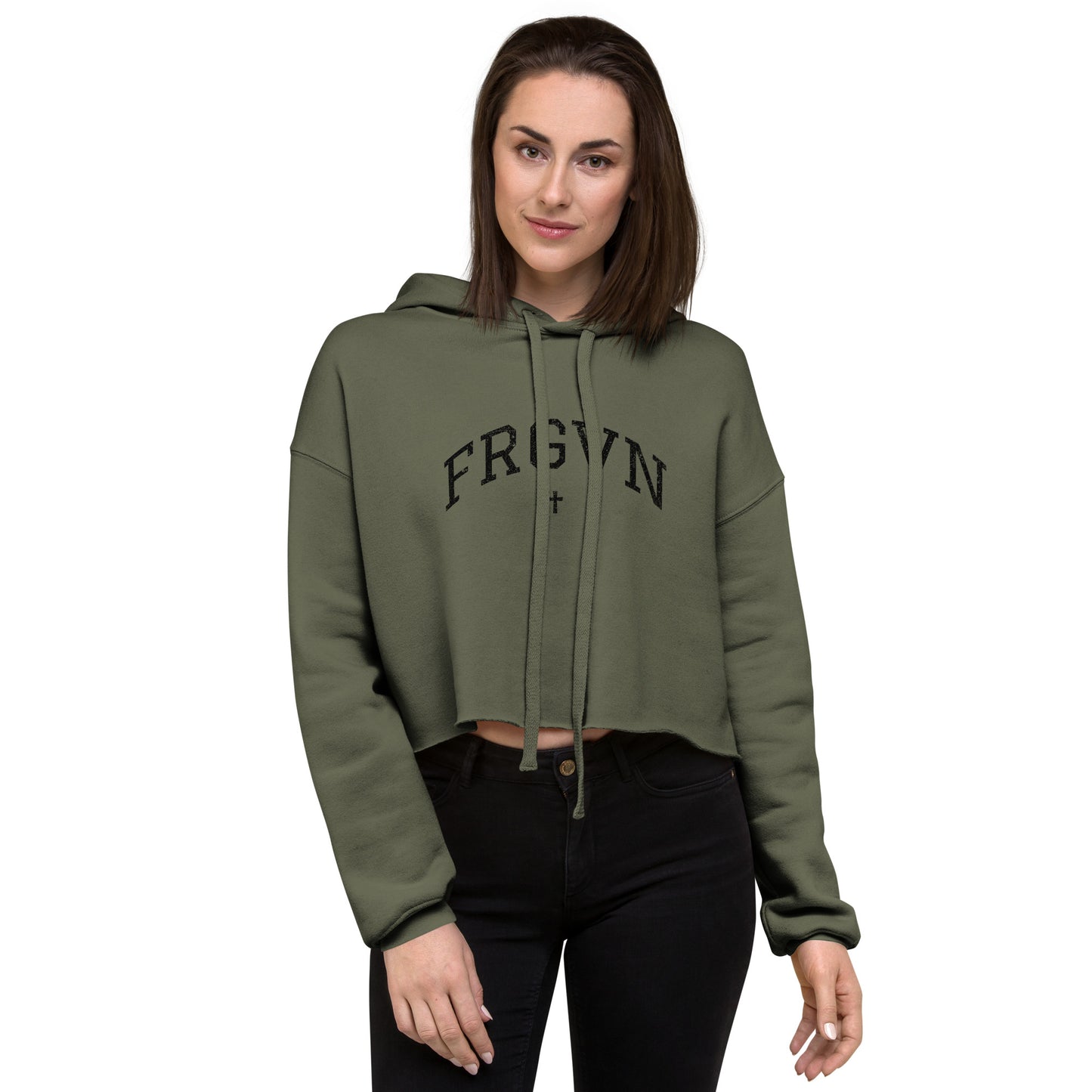 FRGVN Distressed with Cross in Black (Letterman Collection) Cropped Hoodie