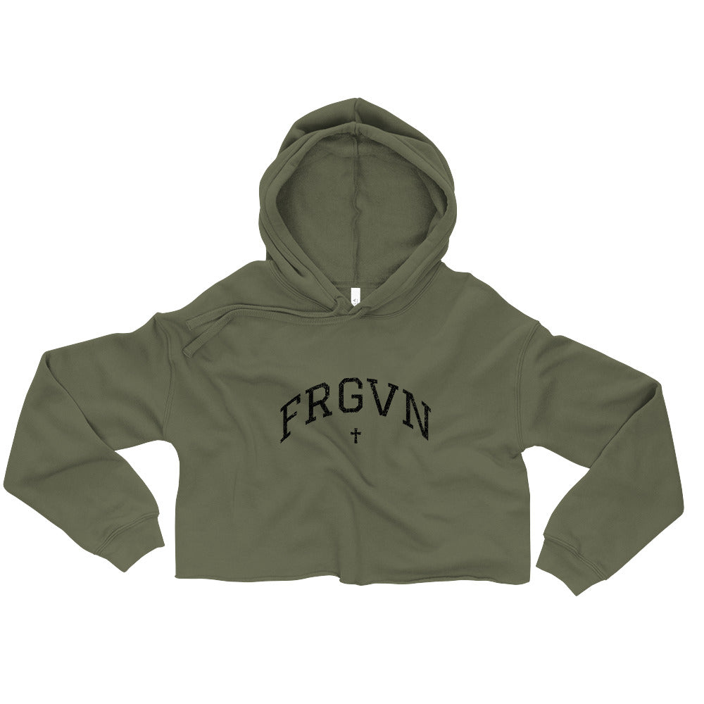 FRGVN Distressed with Cross in Black (Letterman Collection) Cropped Hoodie