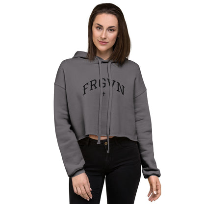 FRGVN Distressed with Cross in Black (Letterman Collection) Cropped Hoodie