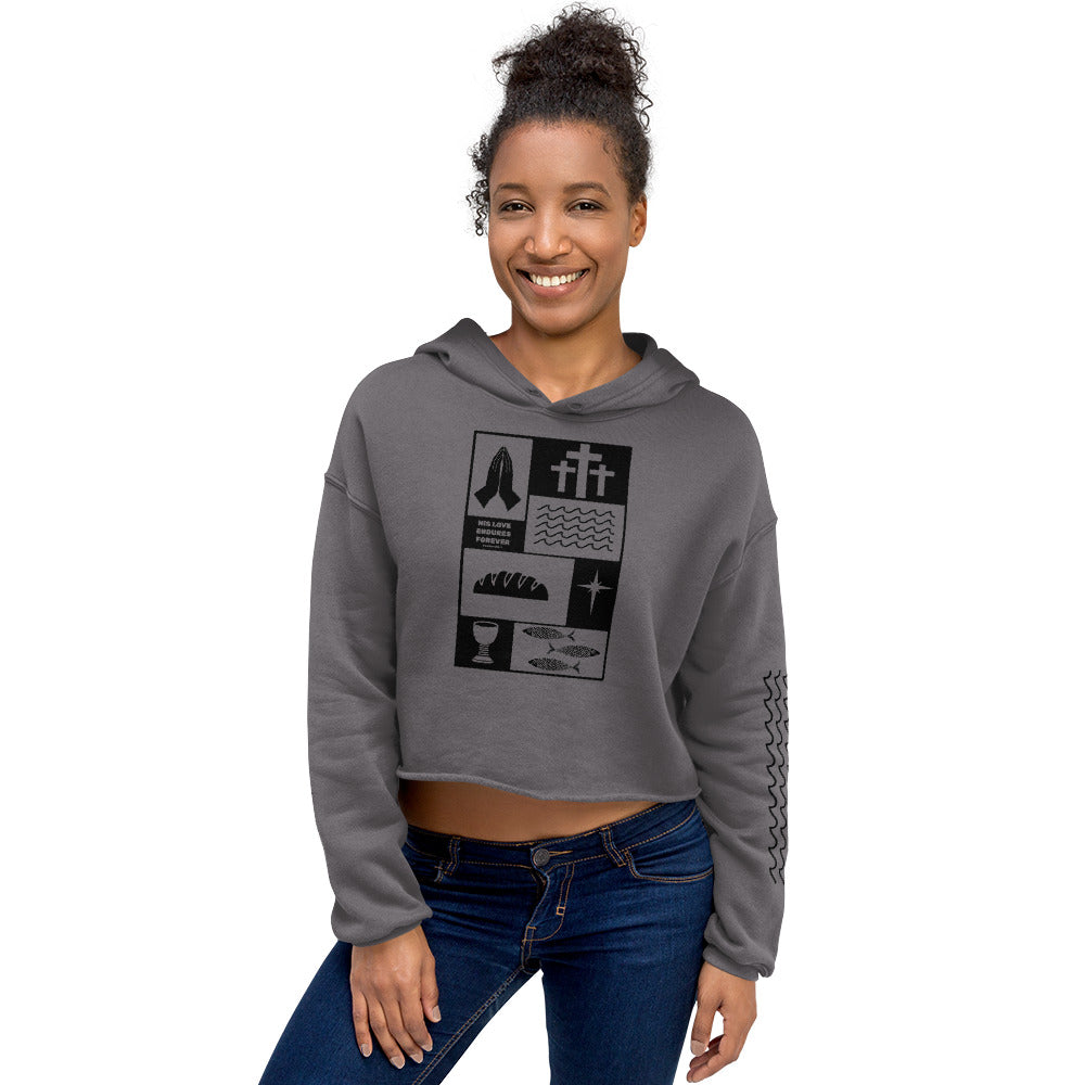 His Love Endures (Center City Collection) Women's Crop Hoodie in Black