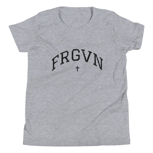 FRGVN Distressed with Cross in Black (Letterman Collection) Youth Short Sleeve T-Shirt