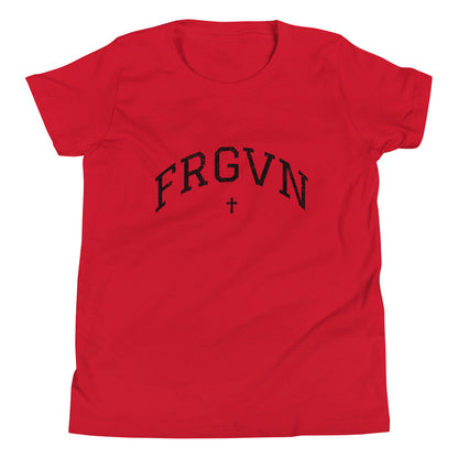 FRGVN Distressed with Cross in Black (Letterman Collection) Youth Short Sleeve T-Shirt