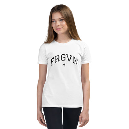 FRGVN Distressed with Cross in Black (Letterman Collection) Youth Short Sleeve T-Shirt