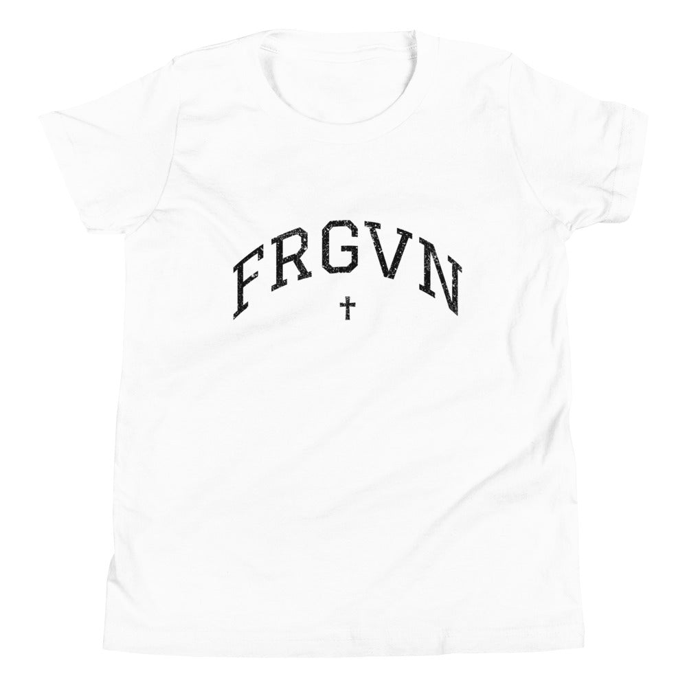 FRGVN Distressed with Cross in Black (Letterman Collection) Youth Short Sleeve T-Shirt